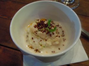 Rice Grit Congee & Tomkha Broth, Quinoa Sesame Black Drum